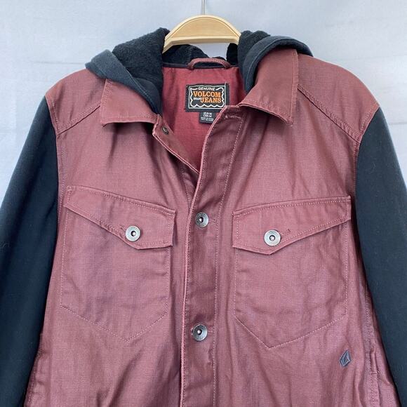 Volcom Mixing Media Hooded Jacket Men Size M Burgundy Black Bikercore Skater - Picture 2 of 12